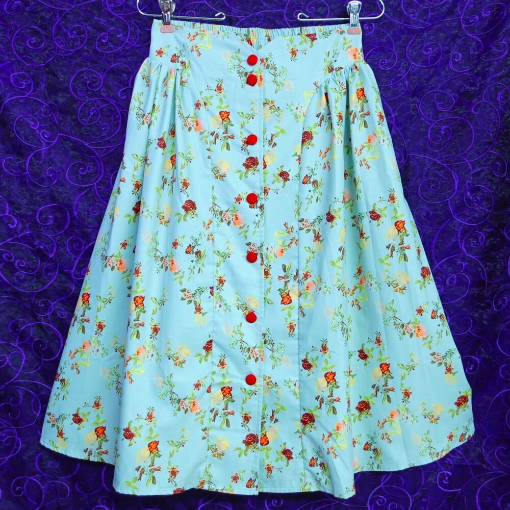 Vintage Reproduction High Waisted Pinup Rockabilly Skirt Blue Red Floral Midi
